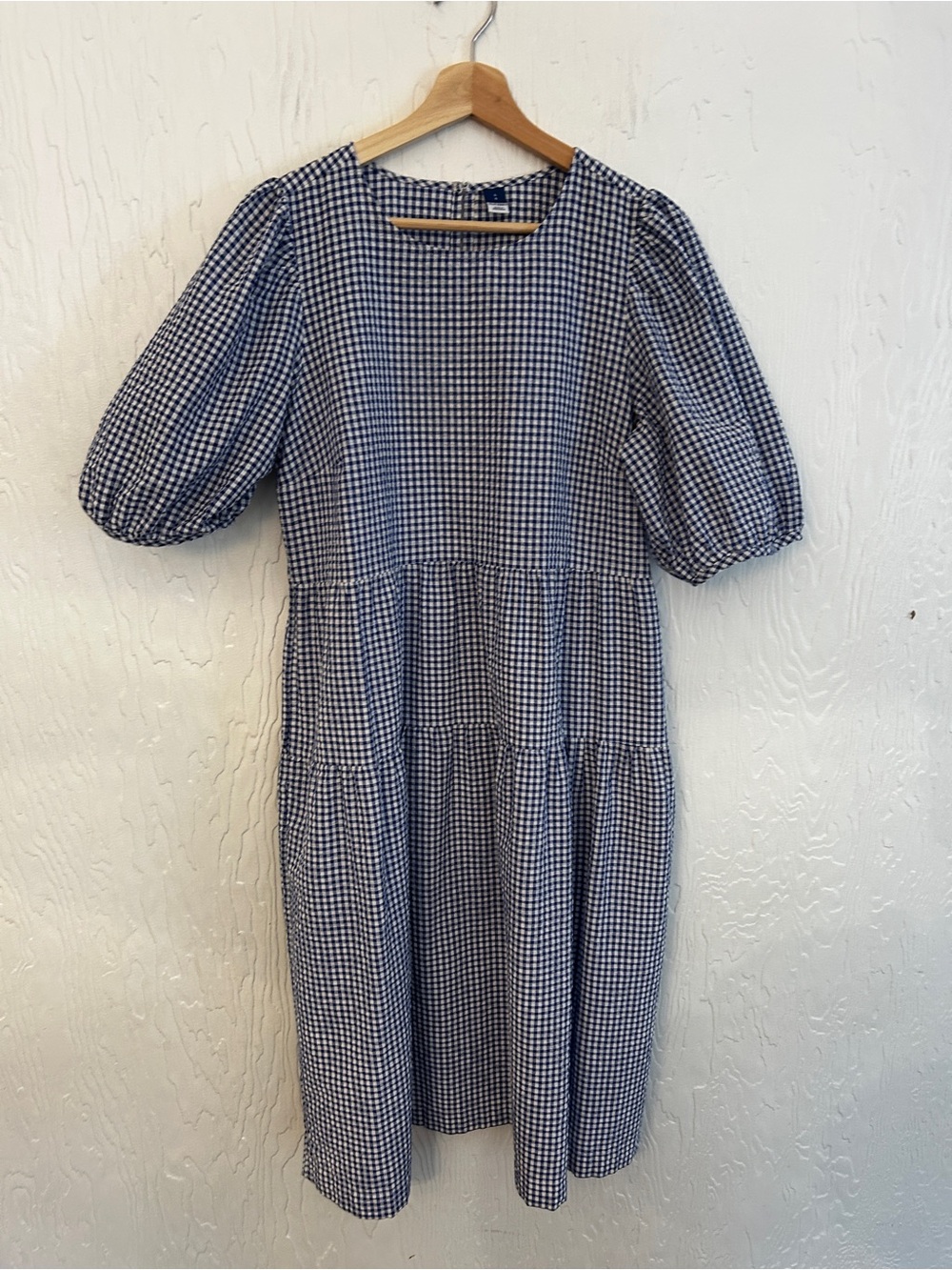 OLD NAVY Gingham Tiered Puff-Sleve All-Day Midi Swing Dress LG Blue White